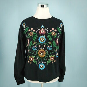 Etnodim Size Small S Black Floral Embroidered Long Shirred Sleeve Sweatshirt